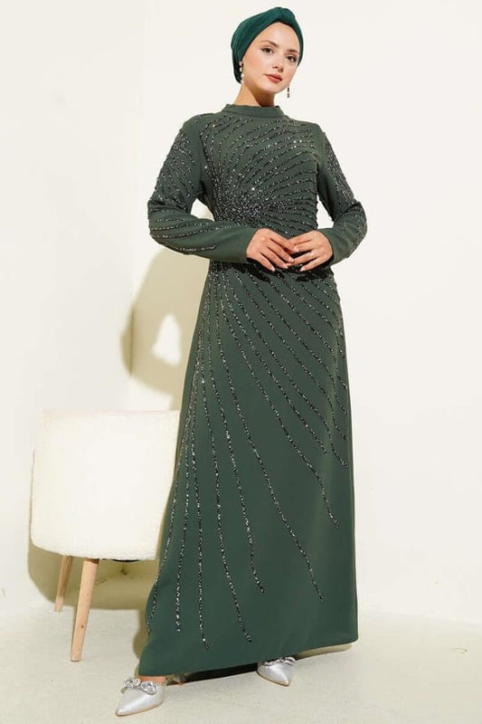 Ön ve Kolları Taş İşlemeli Haki Abiye Elbise