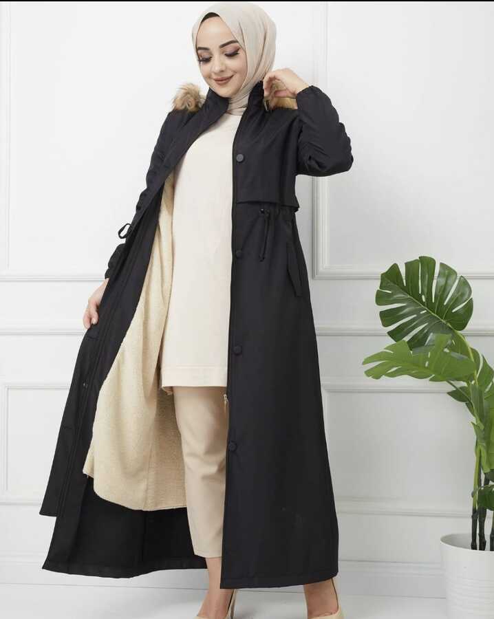 Gathered Waist Wool Inside Long Parka Black