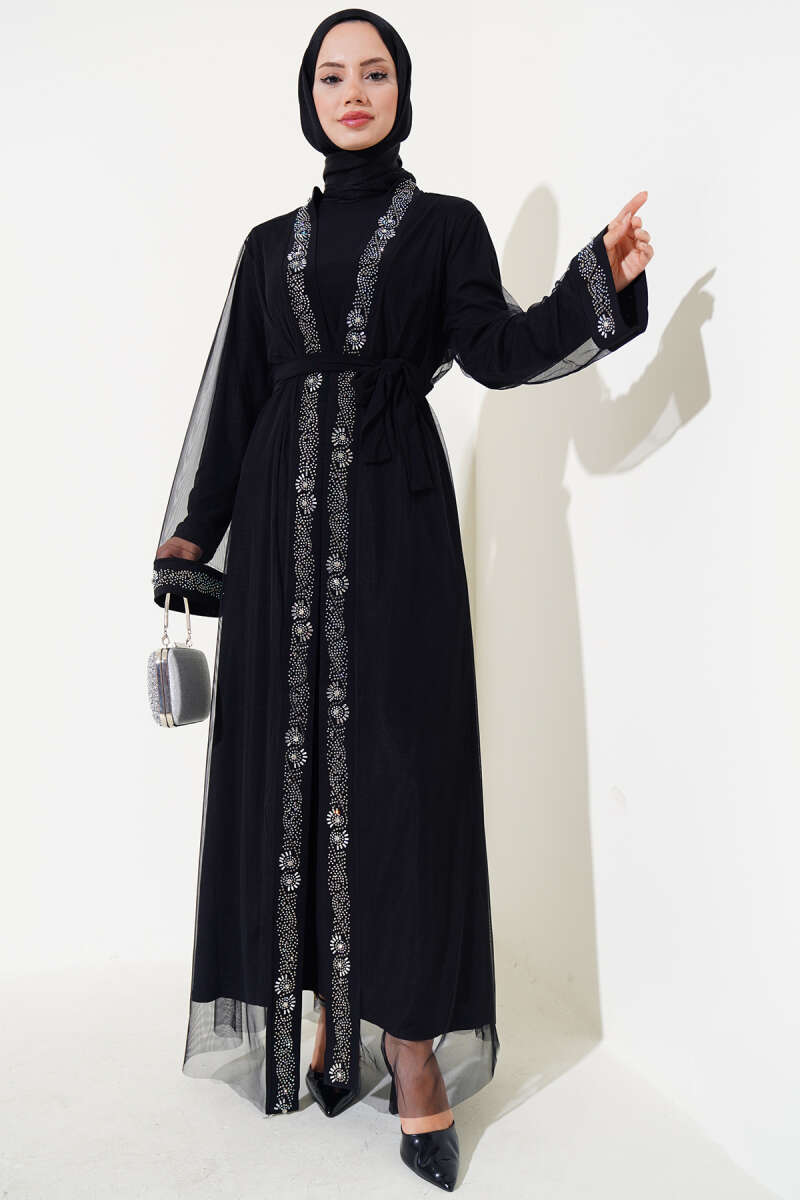 Taşlı  Abaya Takım Siyah
