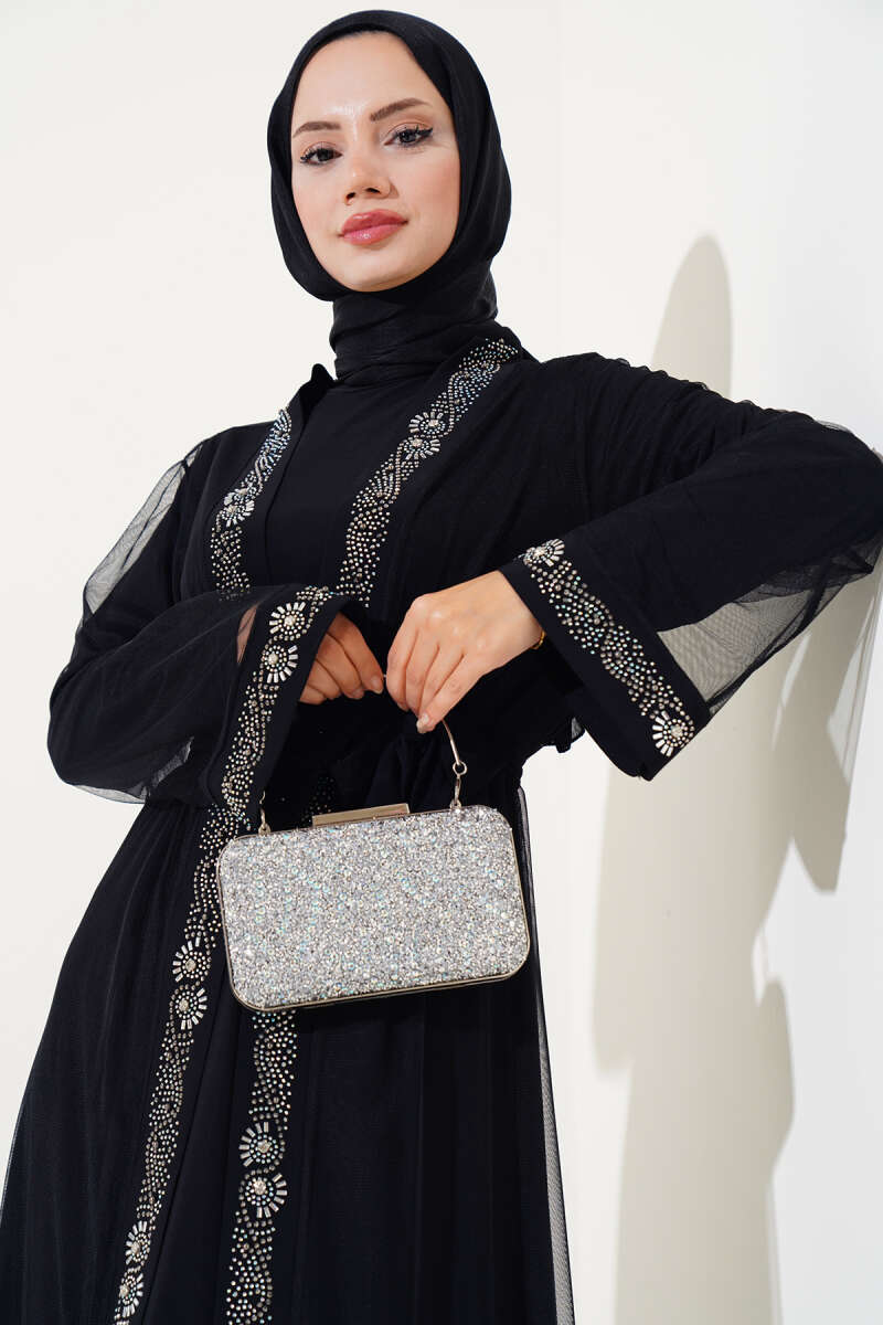 Taşlı  Abaya Takım Siyah
