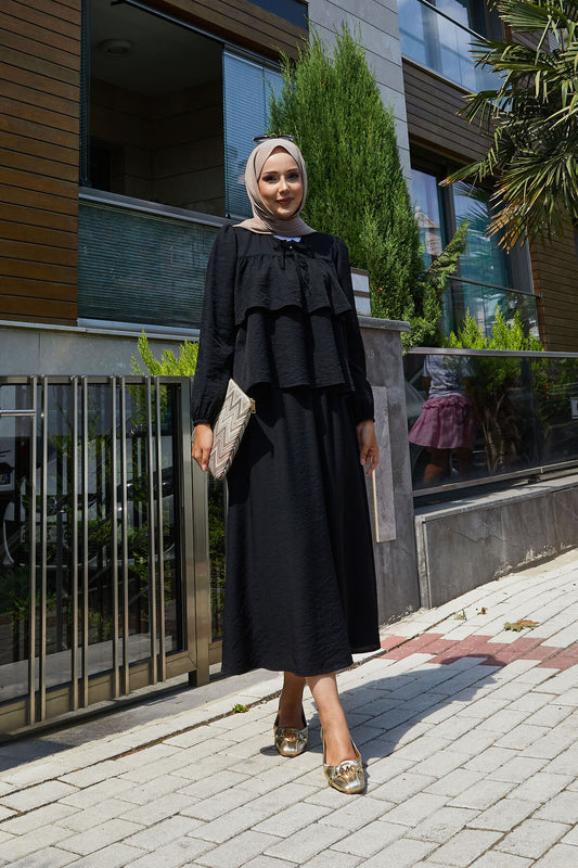 Volan Detaylı Etekli İkili Takım siyah